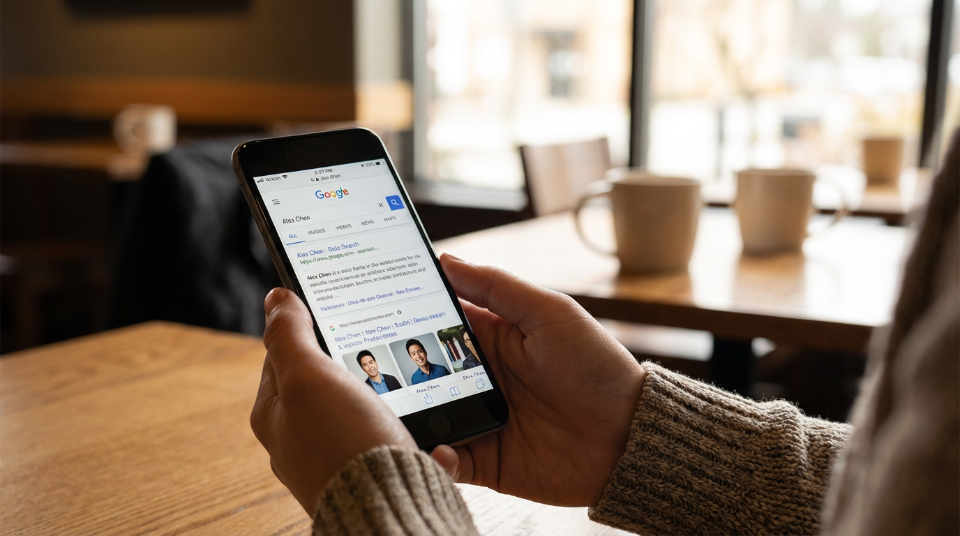 Person searching a name on Google using a smartphone in a coffee shop