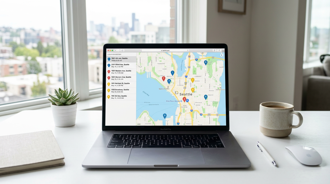 Laptop showing a map application with location history pins on a clean desk