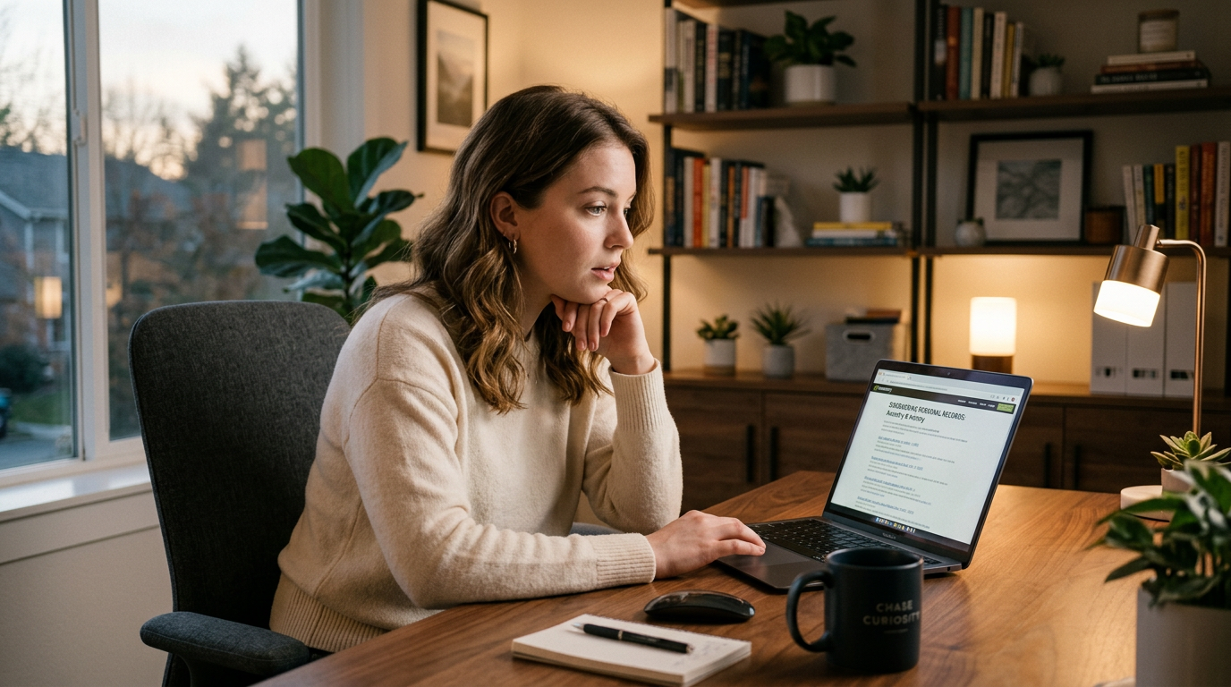 Woman looking thoughtfully at her laptop in a home office setting