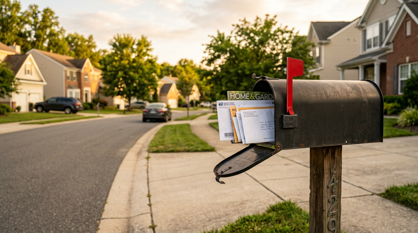 Mailbox with letters in a suburban American neighborhood at golden hour