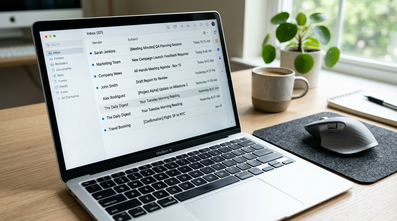 Laptop screen showing an email inbox with multiple unread messages
