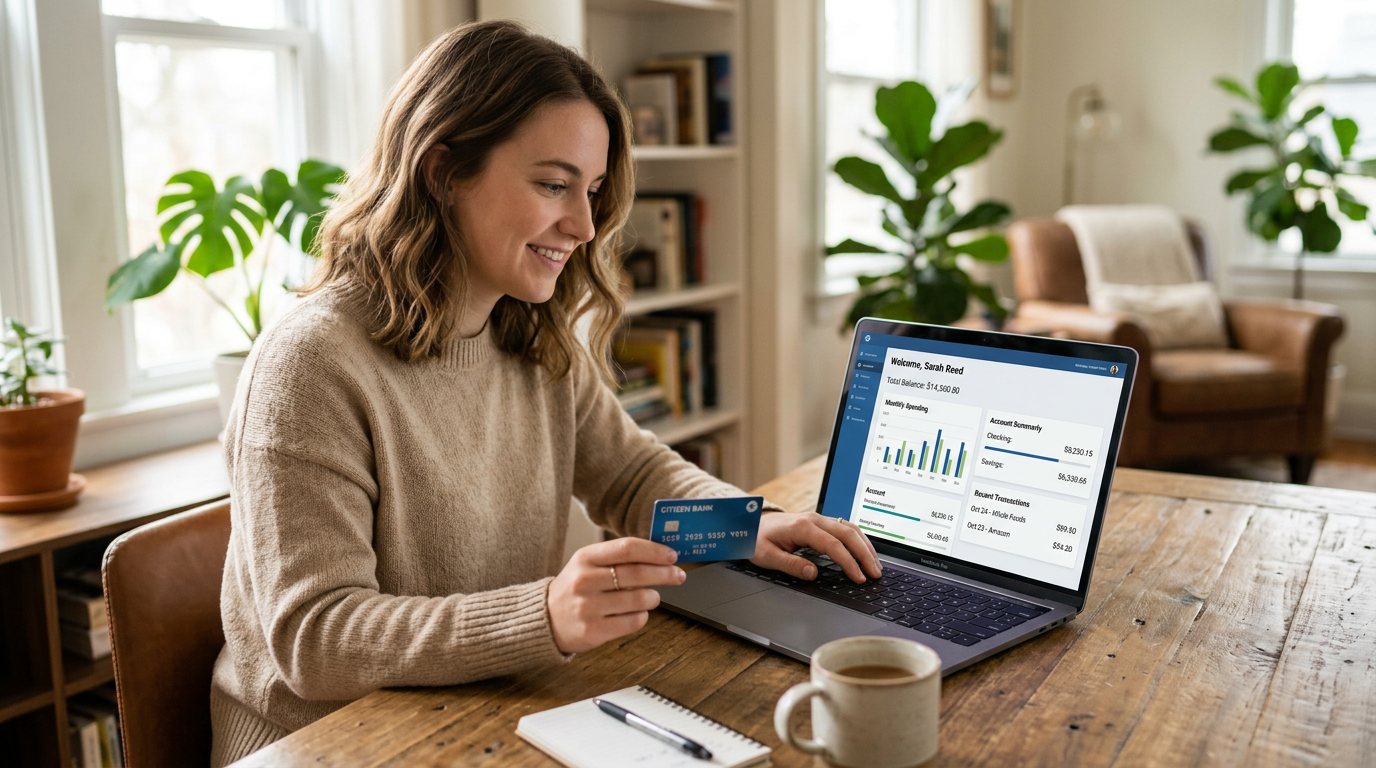 Person holding a credit card while using online banking on a laptop