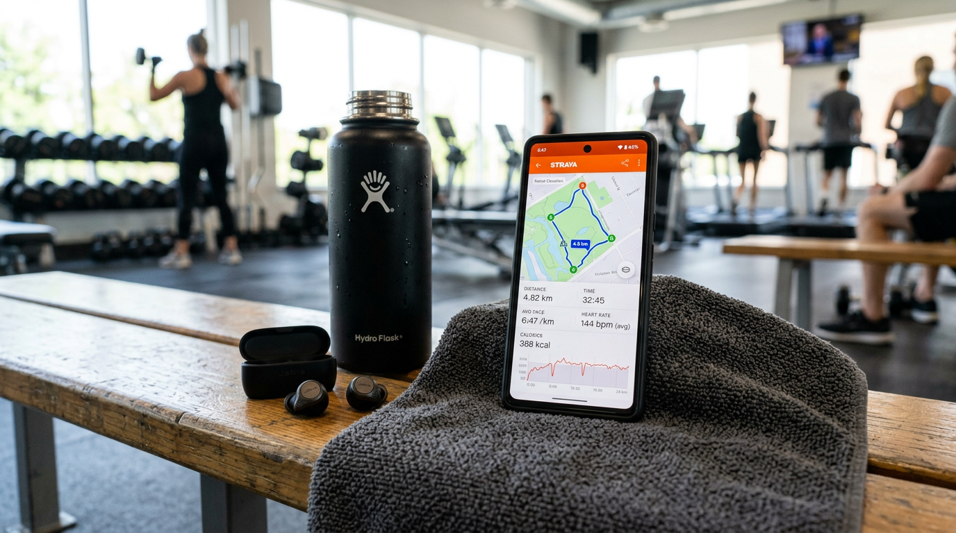 Smartphone showing a fitness tracking app with route map and health stats in a gym