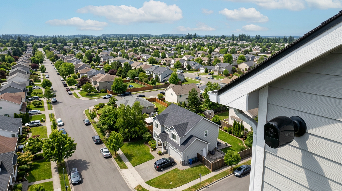 Security camera mounted on a house exterior overlooking a suburban neighborhood
