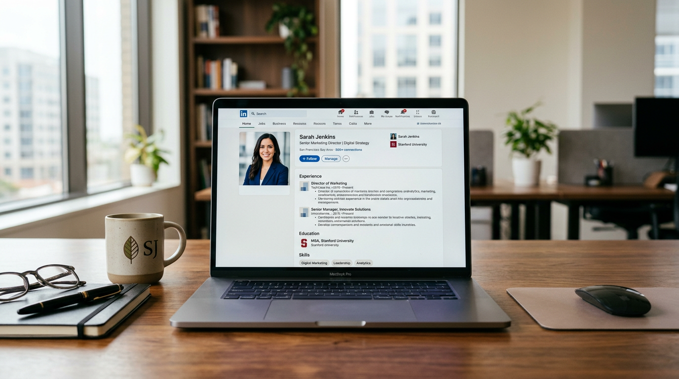 Laptop screen showing a professional LinkedIn profile on a polished wooden desk