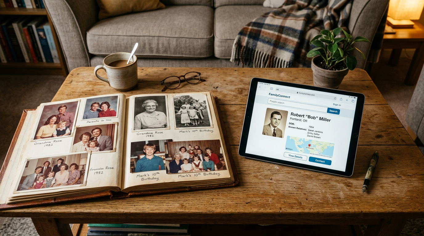 Family photo album on a coffee table next to a tablet showing a people-search website