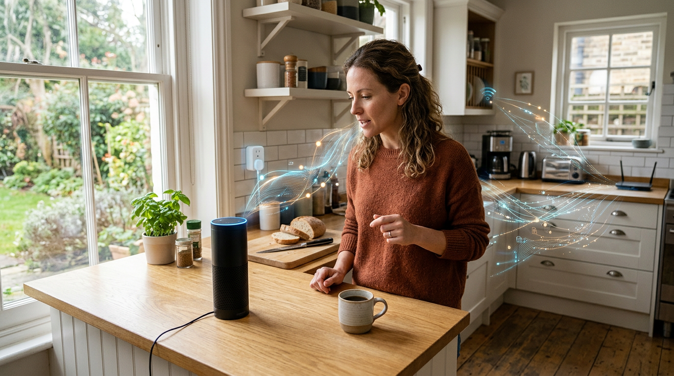 Woman using a smart speaker voice assistant in her kitchen