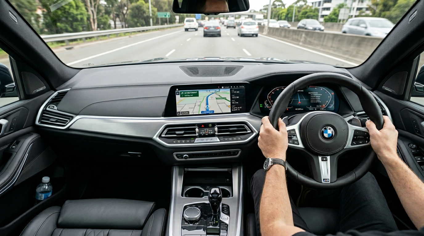 Car dashboard with GPS navigation system showing a route map while driving