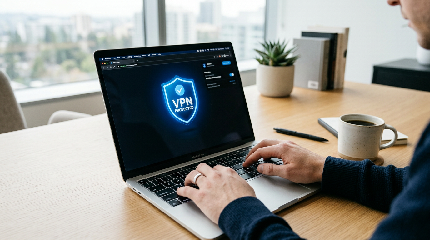 Person using a laptop with a VPN shield icon displayed on screen
